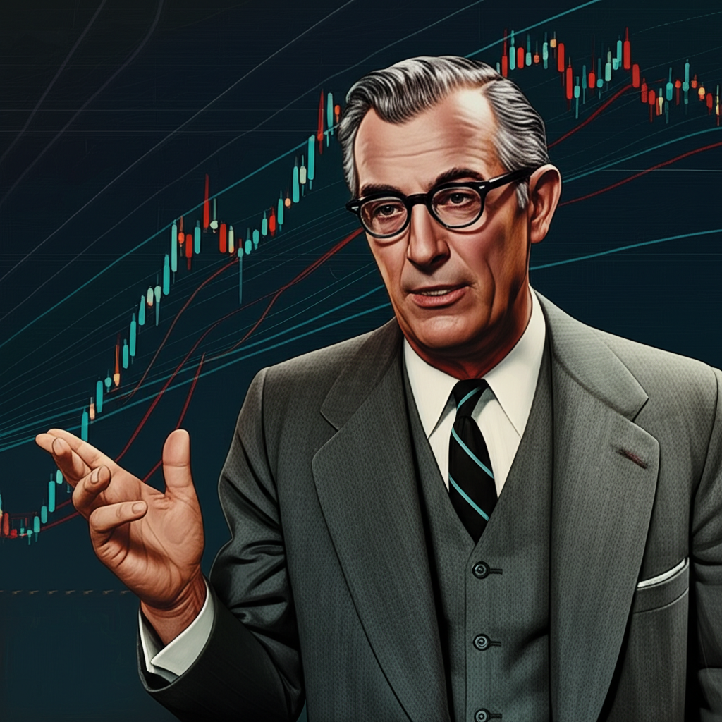 喬治·萊恩在1950年代解釋KDJ概念,背景有抽象價格線與轉折點