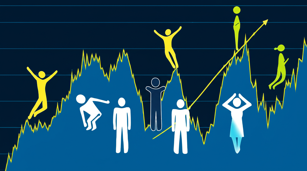 市場參與者情緒插圖,展示樂觀、悲觀與中立在金融圖表上的表現,象徵理解集體市場心理的工具