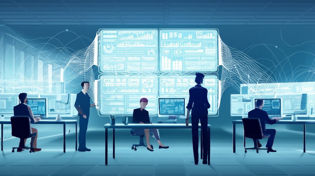 現代辦公室環境插圖，員工與整合ERP系統和大數據儀表板互動，資料在部門間流暢傳遞，象徵提升運營效率與資料驅動決策
