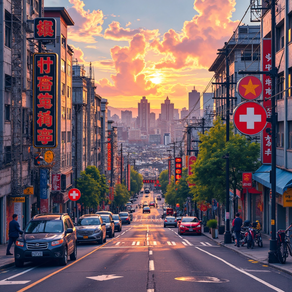 台灣街景融入瑞士法郎符號的日落水彩圖像