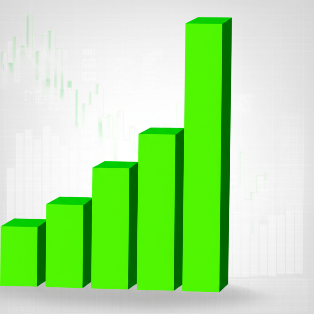 股市漲停板示意圖,綠色柱狀表示強勁買盤無賣壓,對持股者是好消息但對放空者是警訊