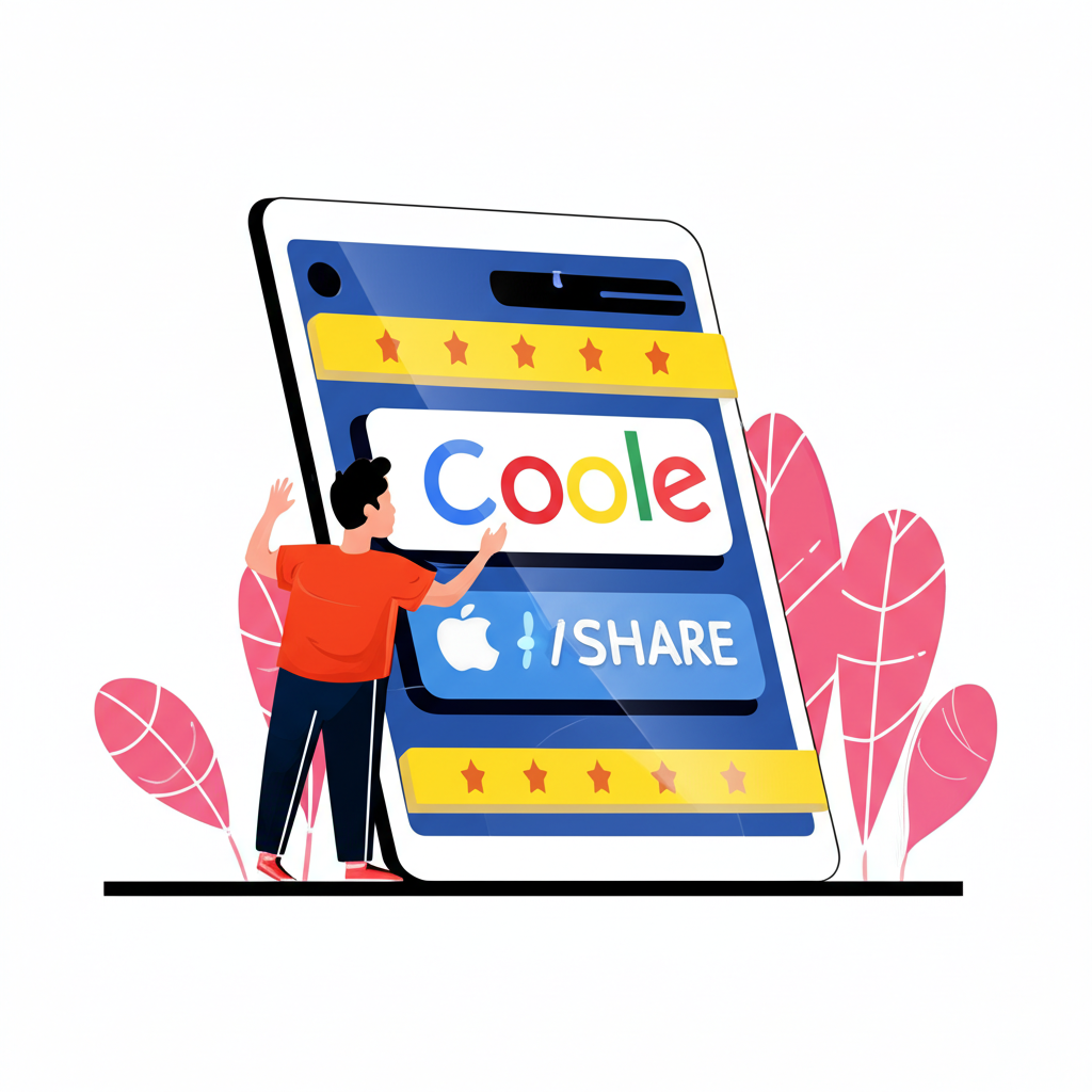 小投資者透過數位螢幕快樂購買單一股大型公司股票的插圖,象徵美股低門檻與彈性