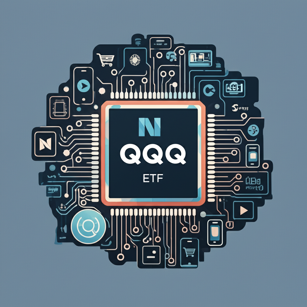 QQQ ETF 那斯達克100指數插圖,周圍環繞科技、通訊與消費產業公司