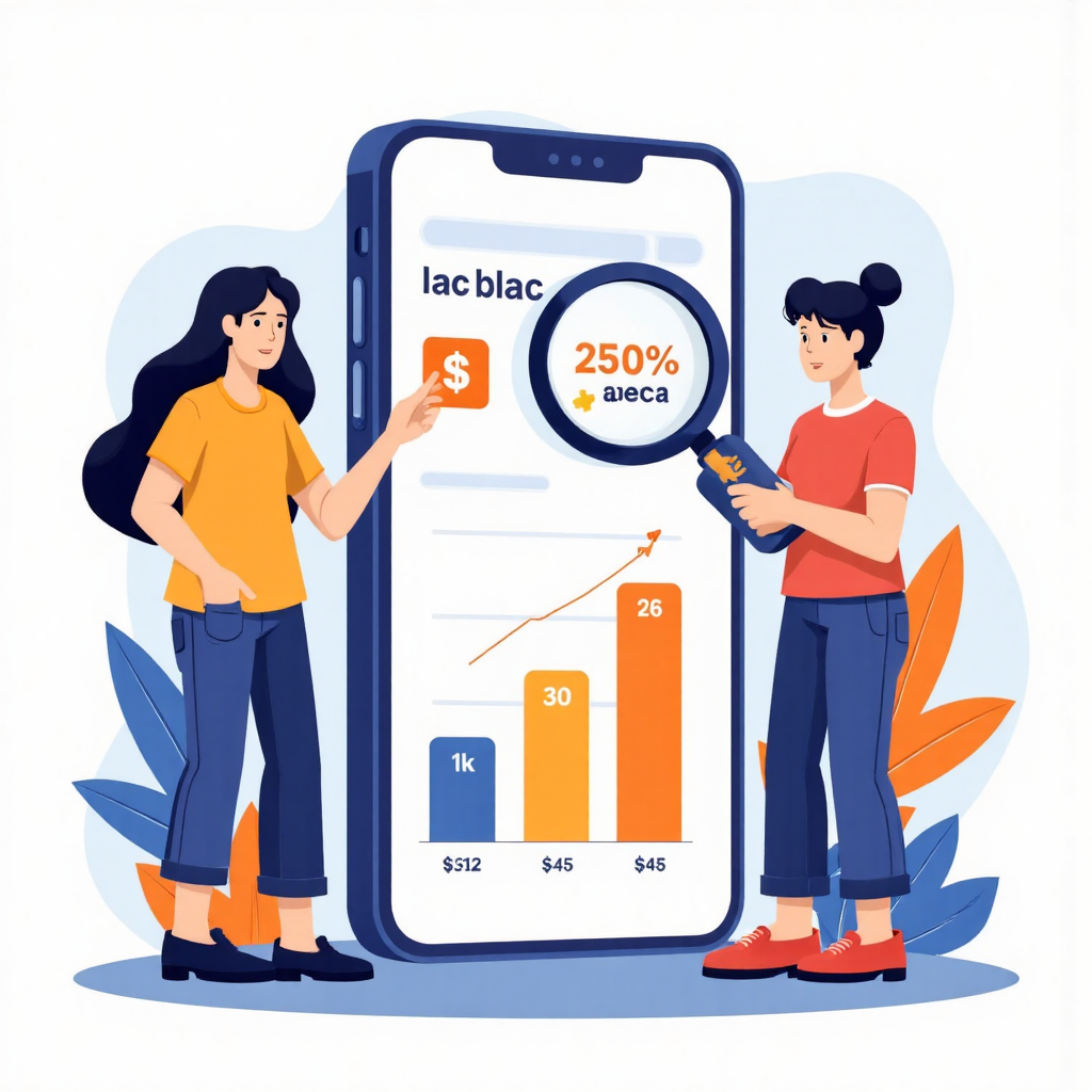 數位銀行應用程式介面顯示外匯手續費細項分解，包含比較條狀圖和放大鏡強調節省金額，現代清新美學與明亮友善色調