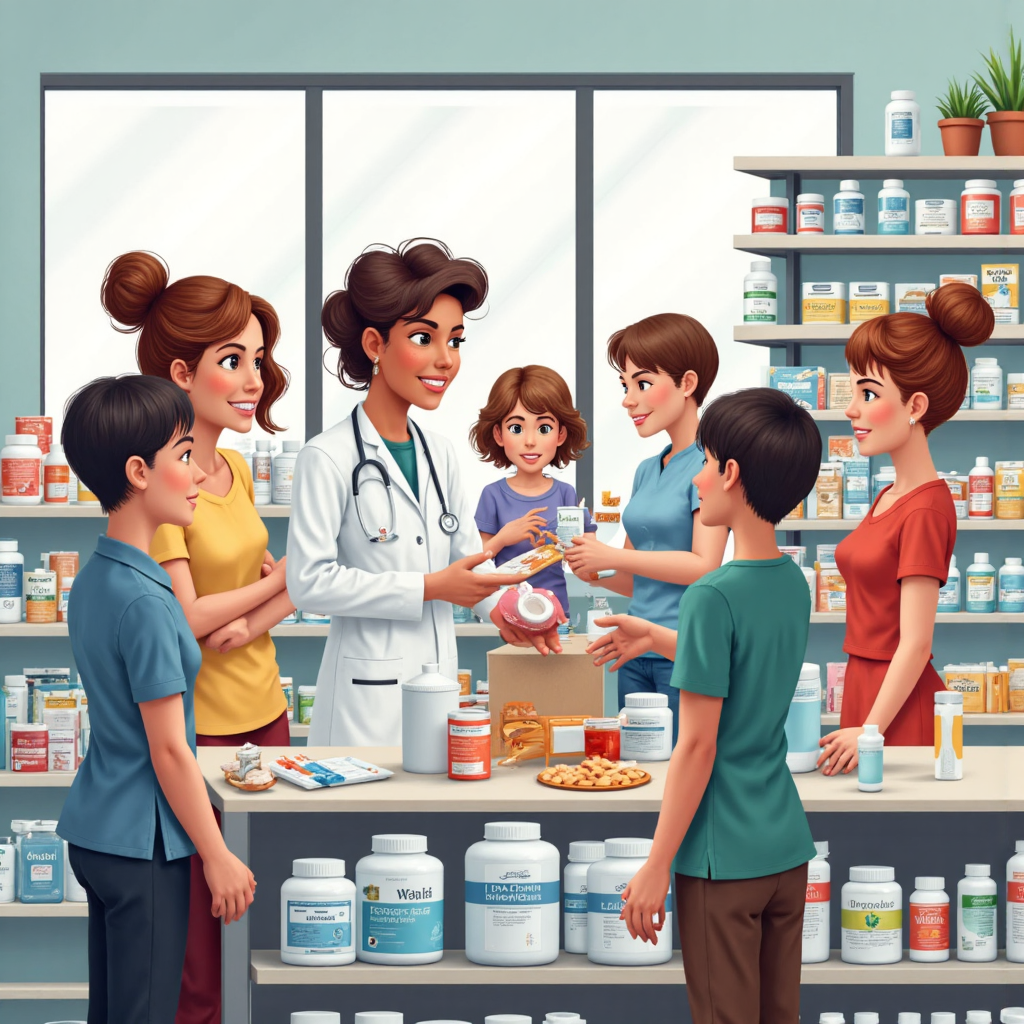 藥劑師與顧客互動的藥局場景像素藝術插圖，強調場外藥品的便利與安全