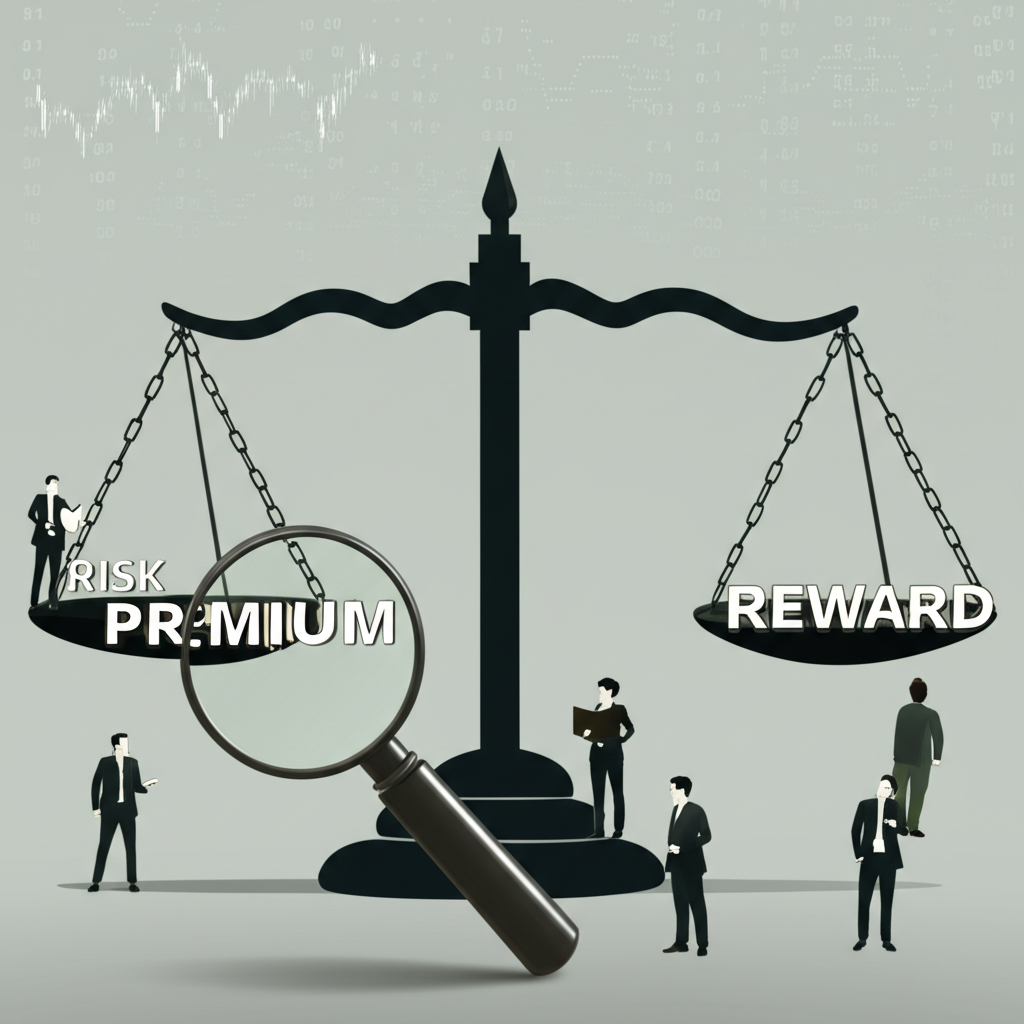 金融市場中風險與報酬的平衡示意圖,放大鏡聚焦風險溢價概念,投資人探索複雜決策