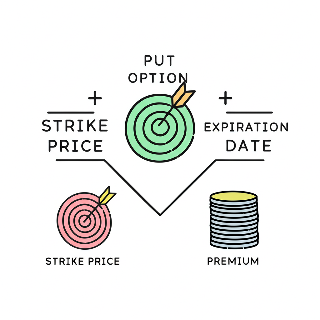 看跌期權三大關鍵要素的圖示插圖，包含履約價目標符號、到期日日曆與權利金錢幣堆疊