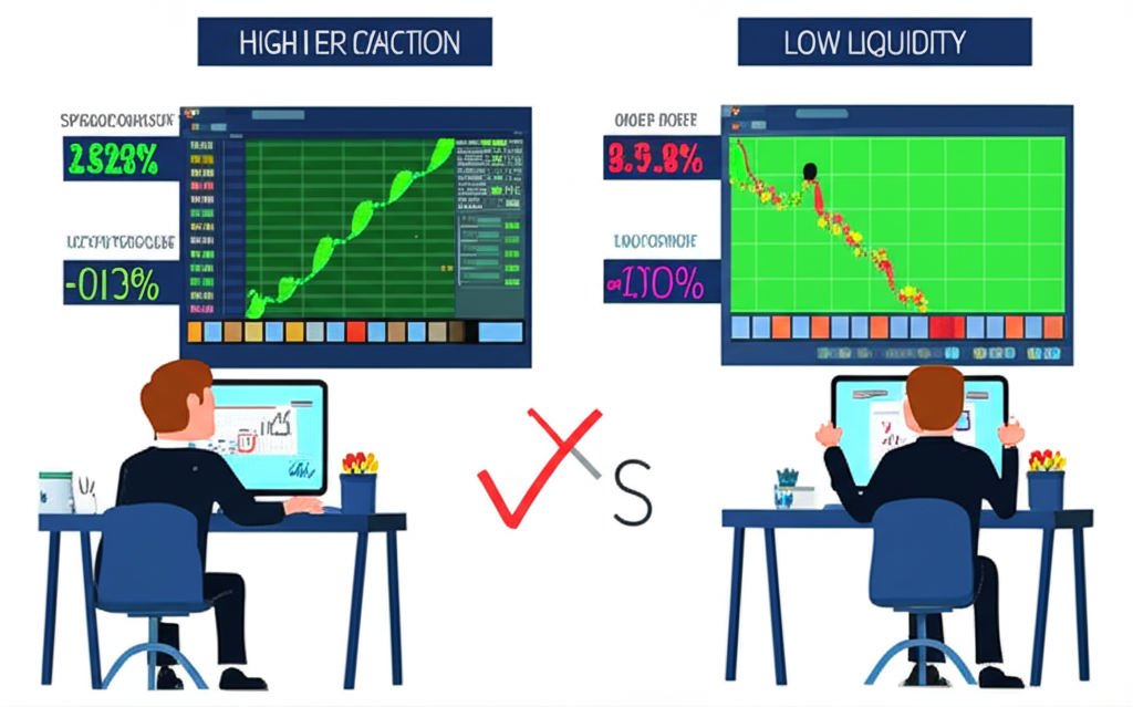 交易者圖表顯示窄點差和高流動性益處的插圖，對比低流動性下的寬點差和滑點問題