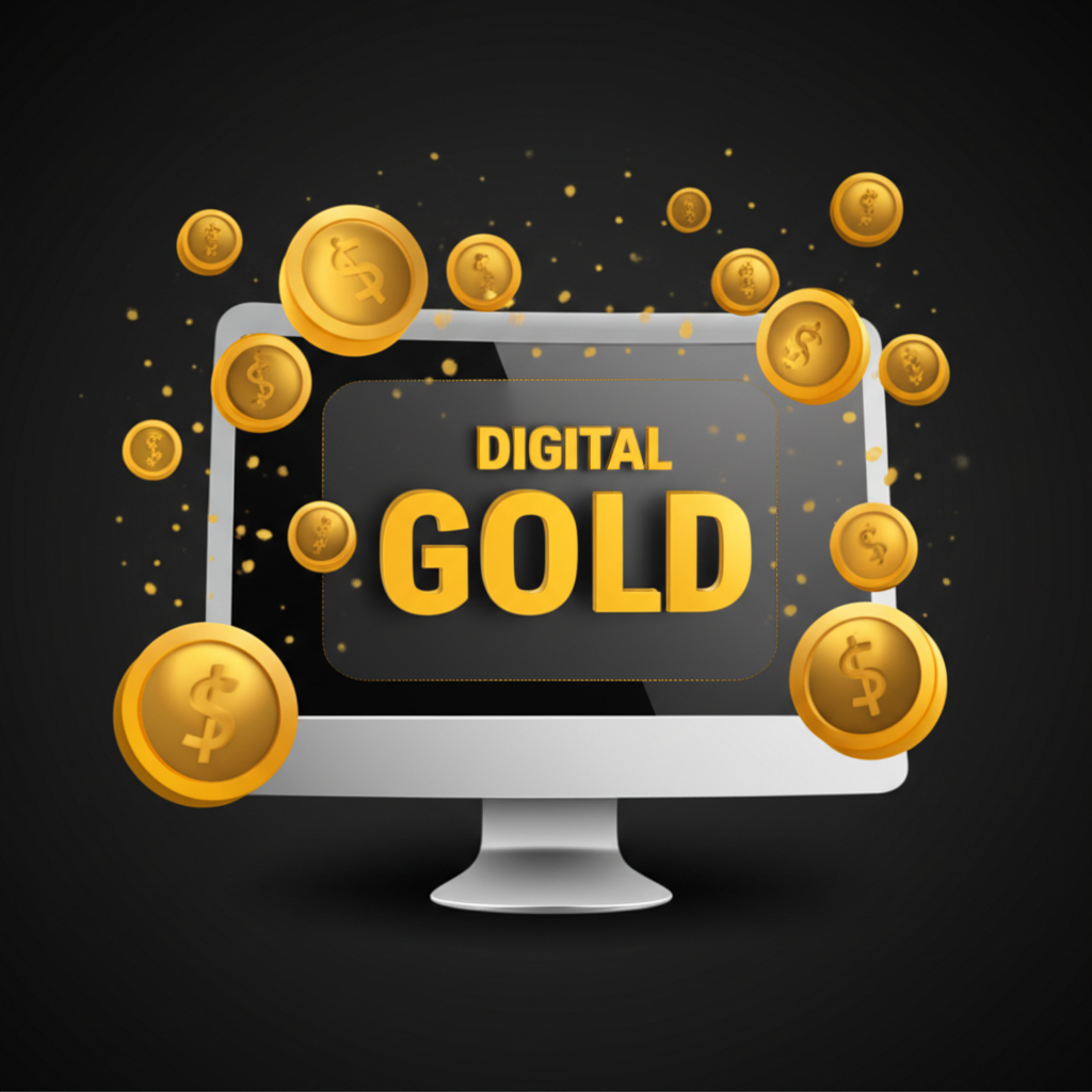 數位螢幕顯示黃金帳戶與抽象金色符號,代表紙黃金作為無實物投資由金融機構管理