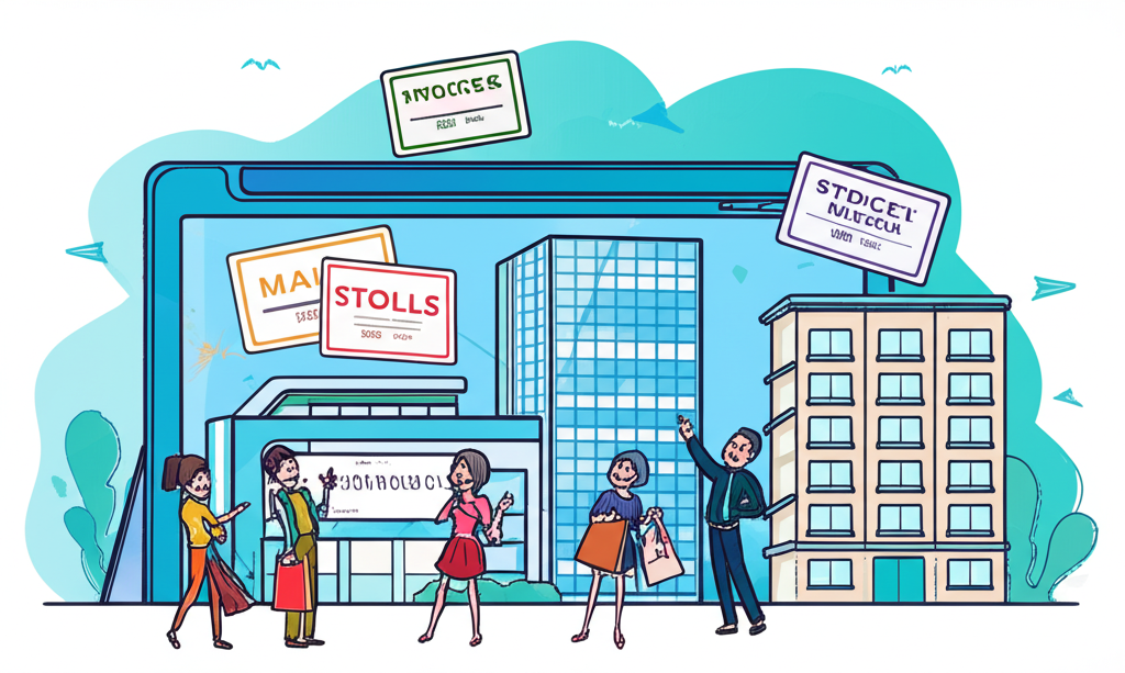 多元不動產組合如商場、辦公樓和公寓轉化為股票憑證,投資者透過數位螢幕觀察成長中的投資,象徵財務成長與可及性