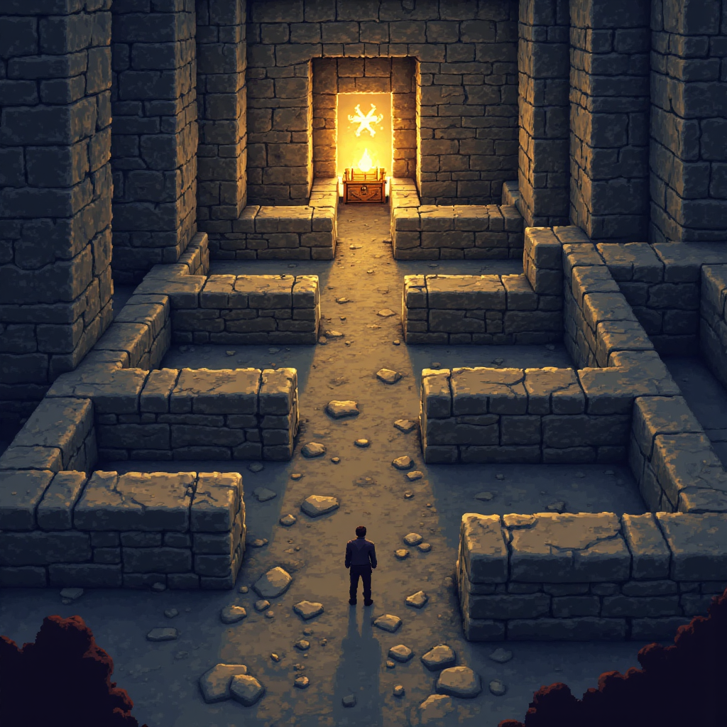 像素藝術風格的迷宮圖像,盡頭有金色寶箱,周圍散布警告標誌,溫暖燈光與柔和色調營造略帶焦慮的氛圍,象徵投資私募基金的潛在機會與風險