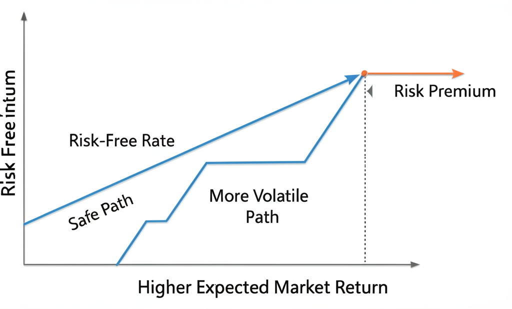 安全路徑代表無風險利率,波動路徑代表預期市場報酬,差額標示風險溢價的二分圖示意