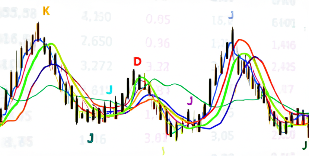 K、D、J三條彩色線在蠟燭圖中交織,顯示不同市場敏感度,背景有財務數據