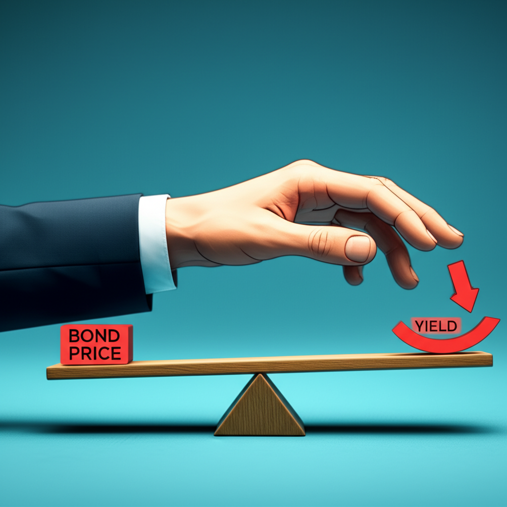 插圖顯示債券價格與殖利率的反向關係,如蹺蹺板般一升一降,背景有聯準會之手降低利率