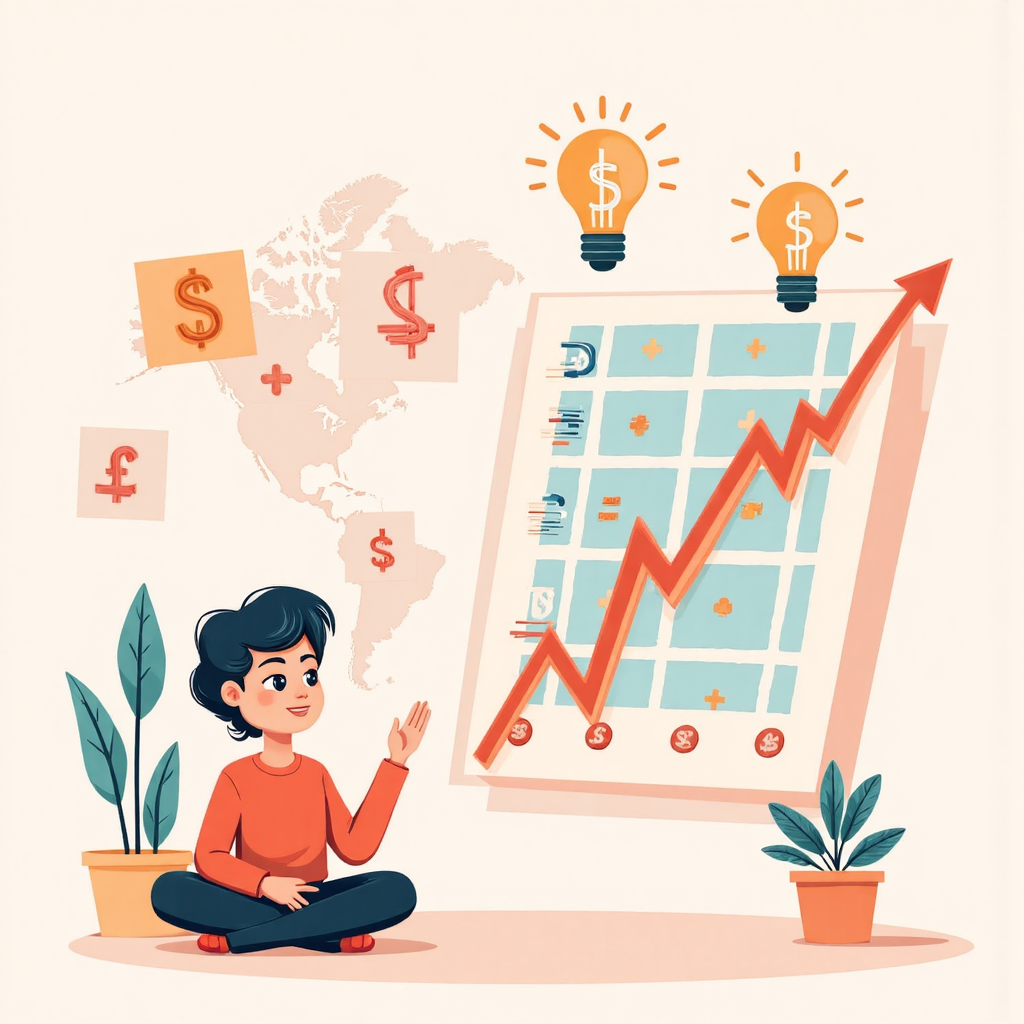 像素藝術風格的全球經濟圖表插圖,展示貨幣匯率流動與創意思維