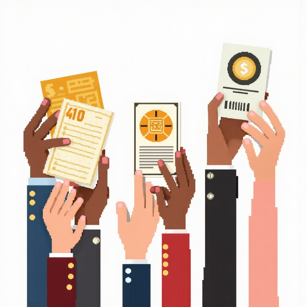 多樣資產如股票證書、實體幣與數位加密貨幣的像素藝術圖像,象徵即時擁有與簡易交易