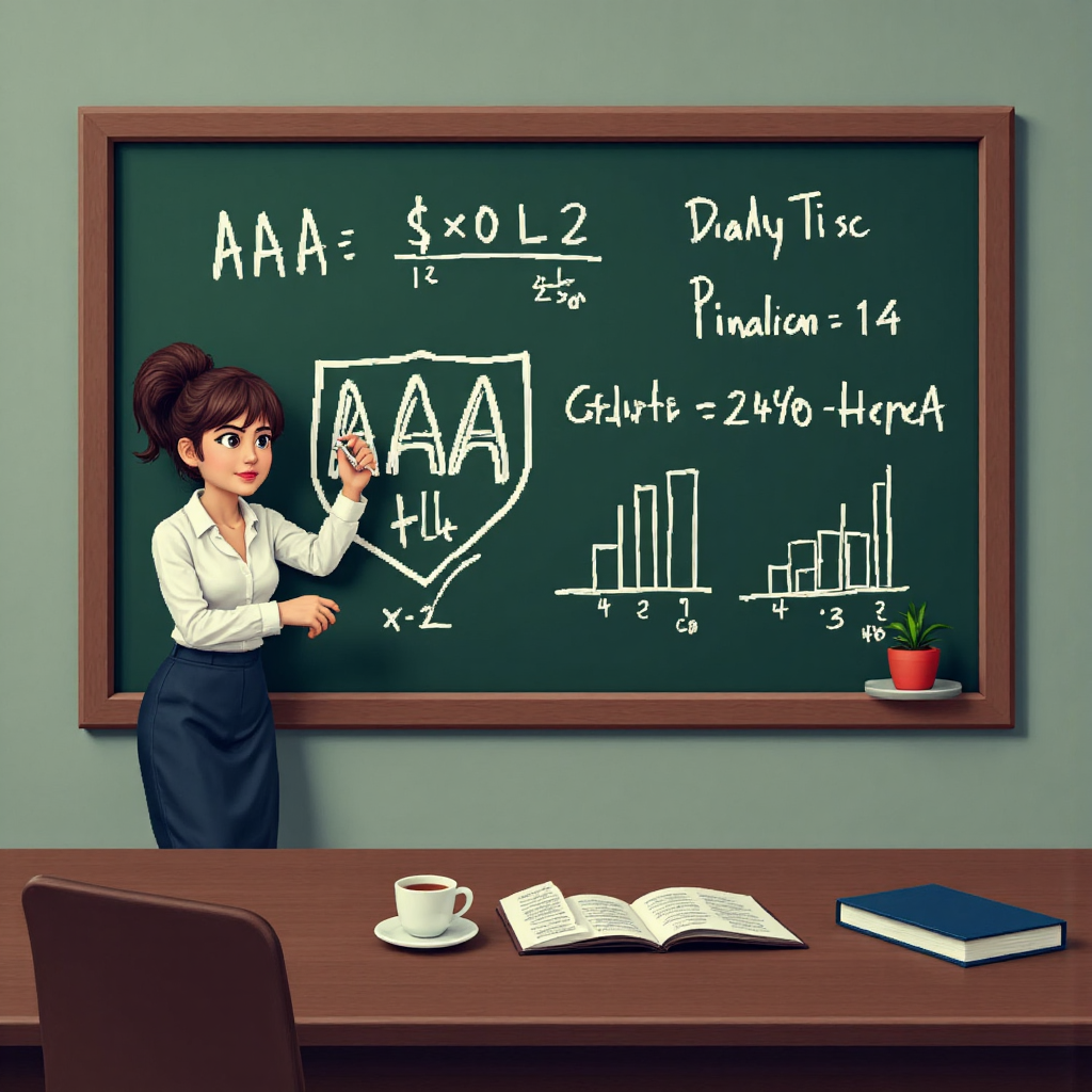 手在黑板上畫 AAA 評等盾牌的像素藝術插圖，伴隨財務數學公式與圖表，營造教育性專業氛圍