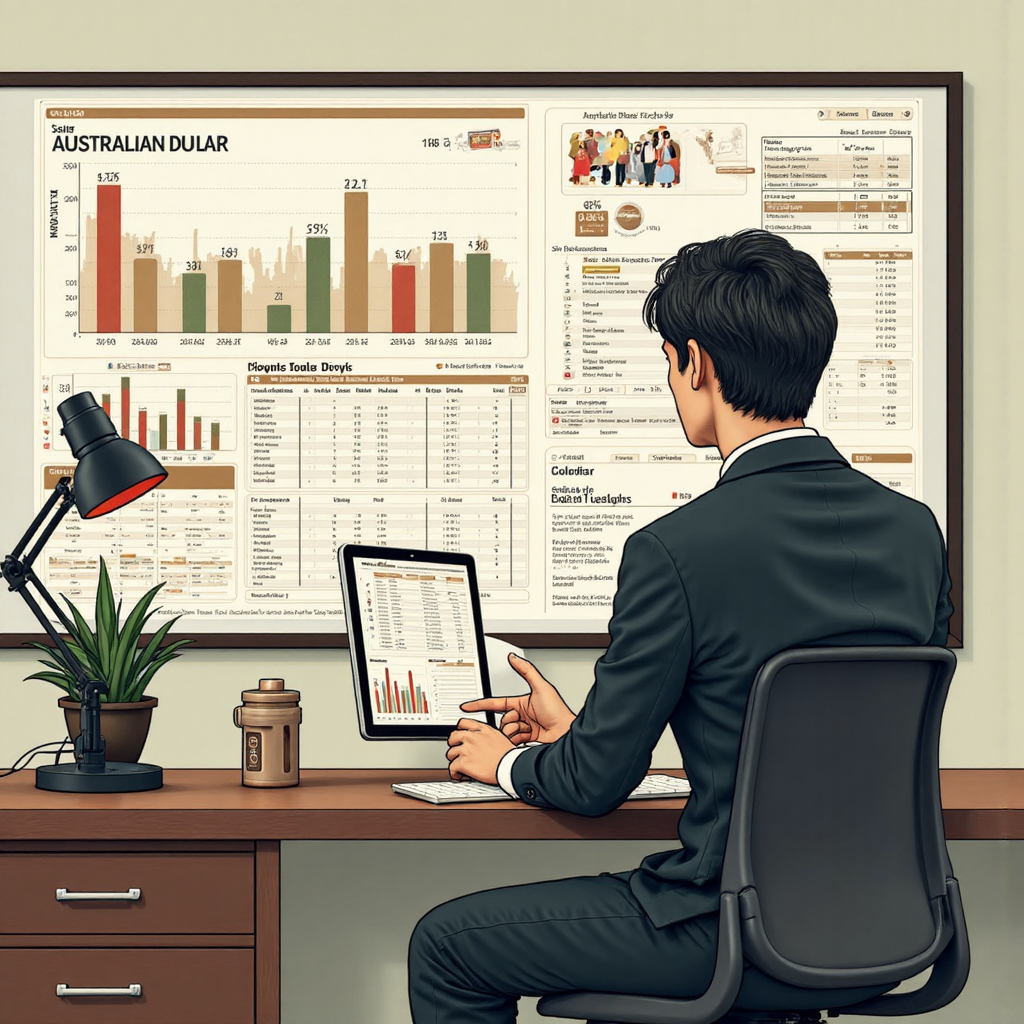 金融分析師檢視澳幣圖表，包含商品價格、利率與貿易流向的專業圖像