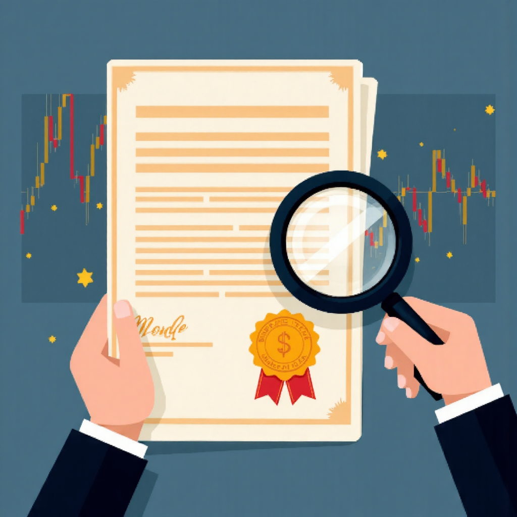 債券證書與信用評等放大鏡的像素藝術插圖，背景為平穩的財務圖表與藍金色調