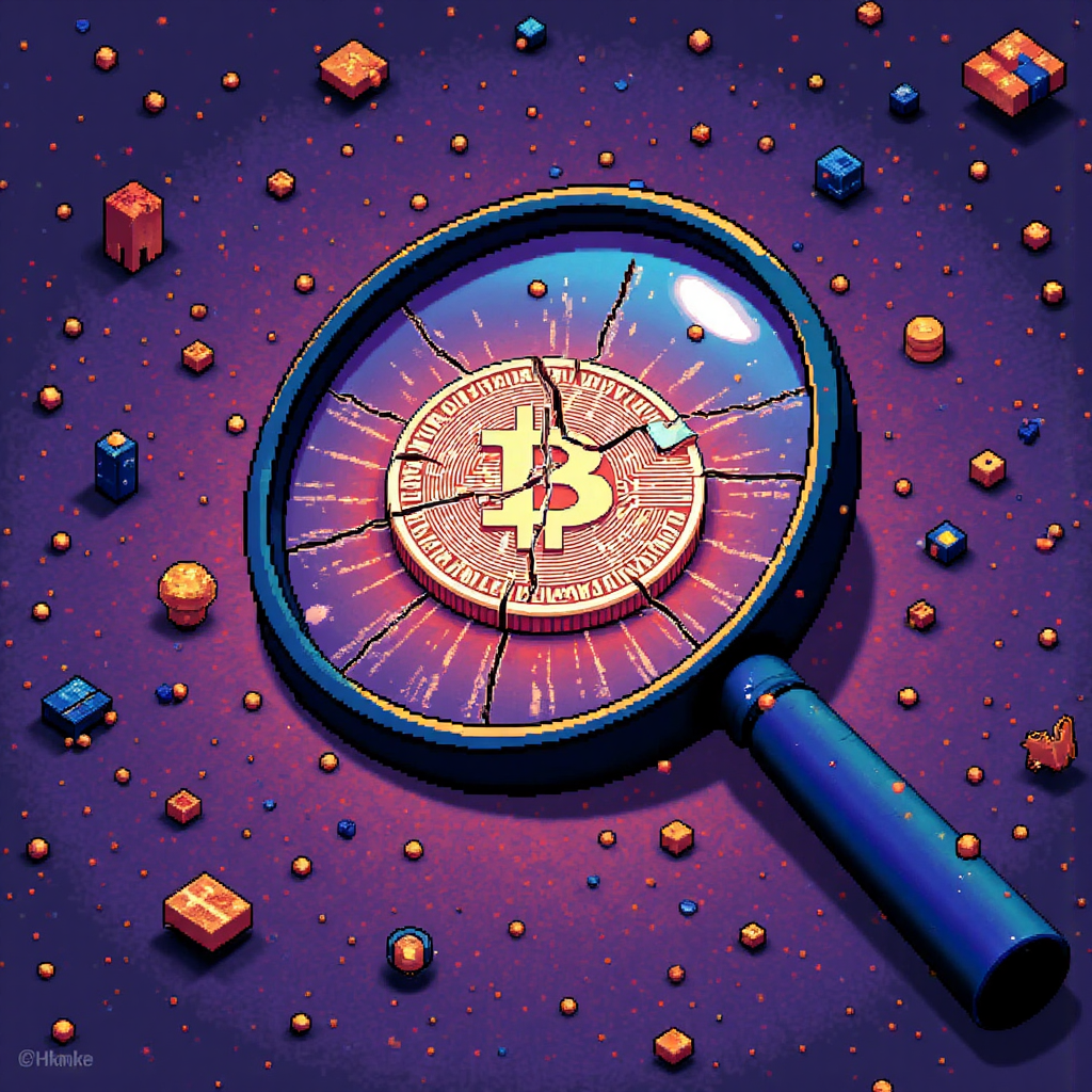 放大鏡懸浮在表面裂開的數位硬幣上，象徵加密貨幣風險與潛在損失的像素藝術風格插圖