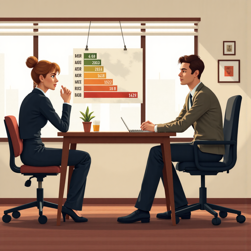 財務顧問在現代辦公室向客戶解釋債券評等圖表的像素藝術插圖，圖表顯示從 AAA 到 BBB 等級，明亮燈光與大地色調