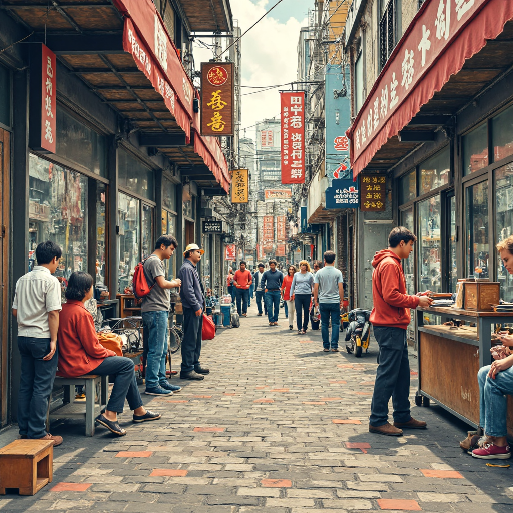 繁忙金融街景中多元人士在銀行櫃檯兌換貨幣,並展示各種貨幣紙鈔與硬幣的像素藝術插圖