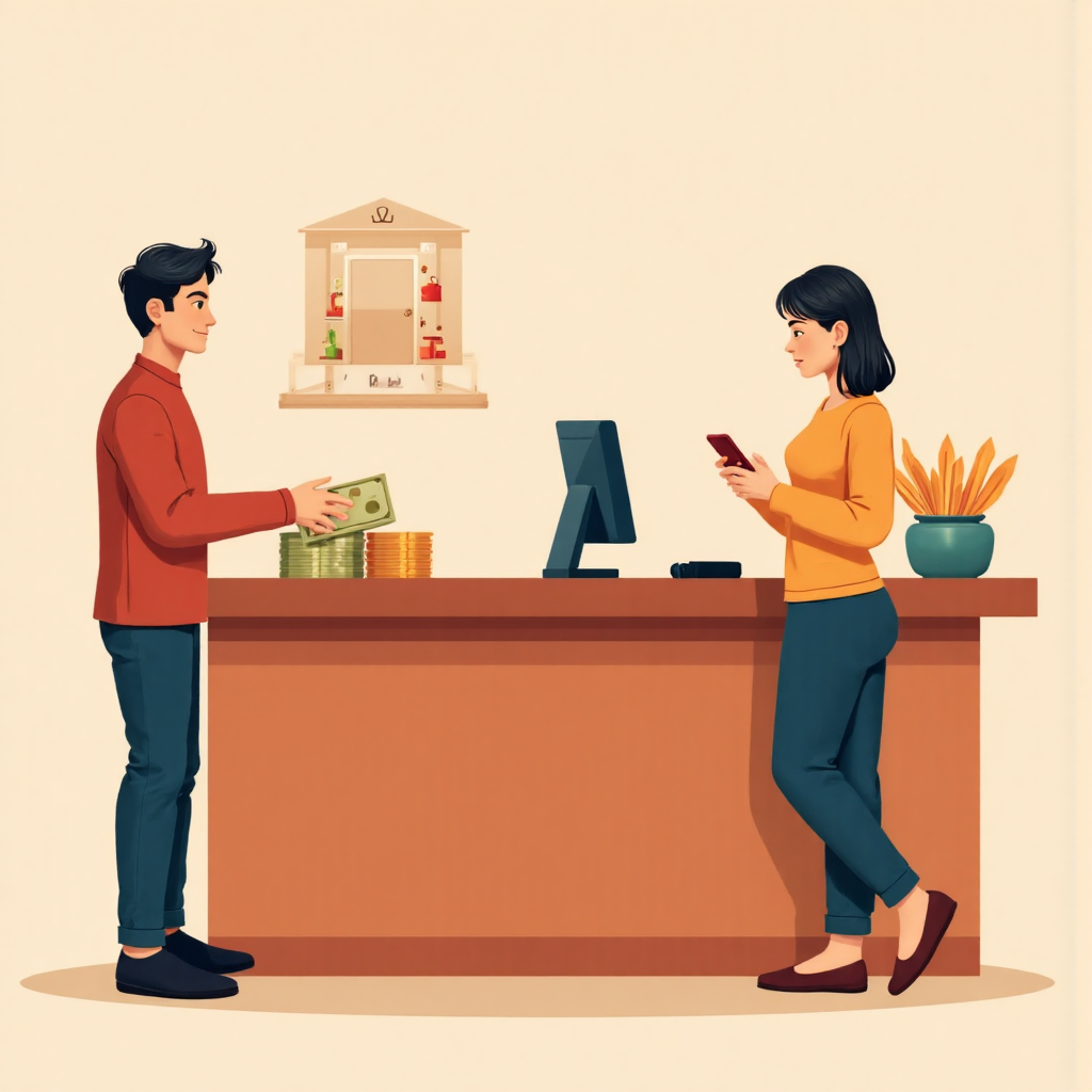 兩人一人在銀行櫃檯交換貨幣，另一人在手機上使用行動銀行應用程式，對比不同交易方式與成本差異，溫暖邀請色調的像素藝術插圖