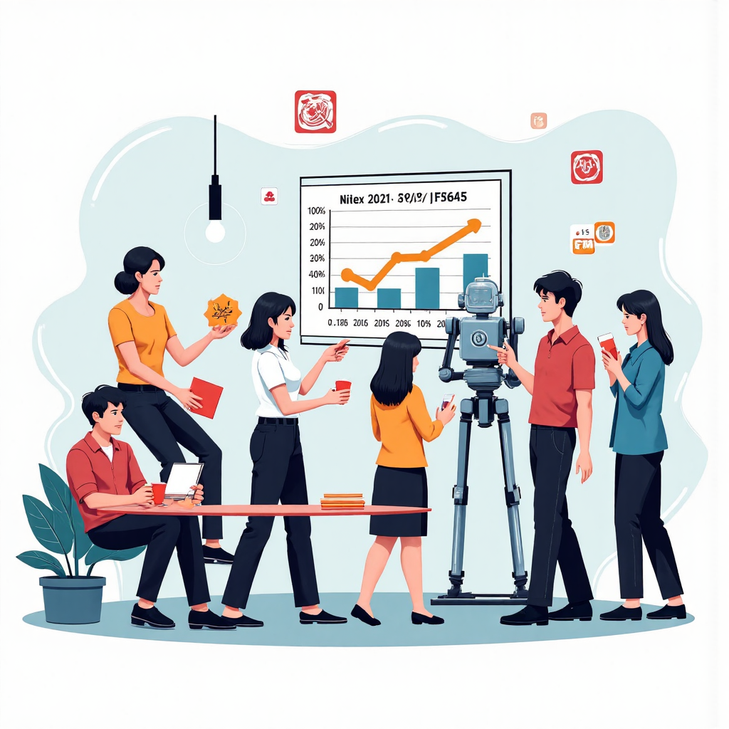 台灣多元職場專業人士圍繞上升薪資圖表的像素藝術插圖,友好機器人協助