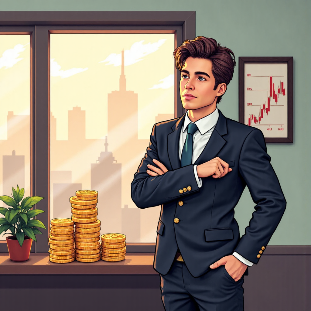 自信交易員在平和晨光中觀察上漲趨勢與成長幣，象徵賣賣權獲利