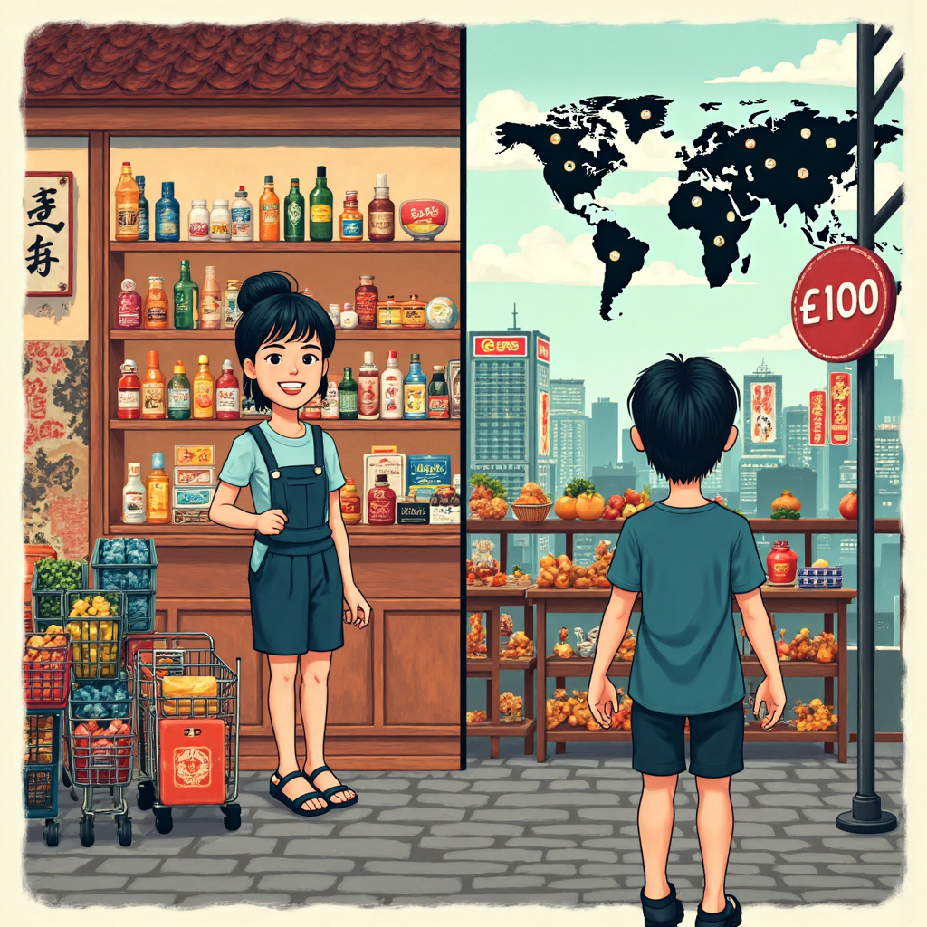 台灣市場購物與世界地圖貨幣符號分割場景的像素藝術插圖,象徵國際經濟比較