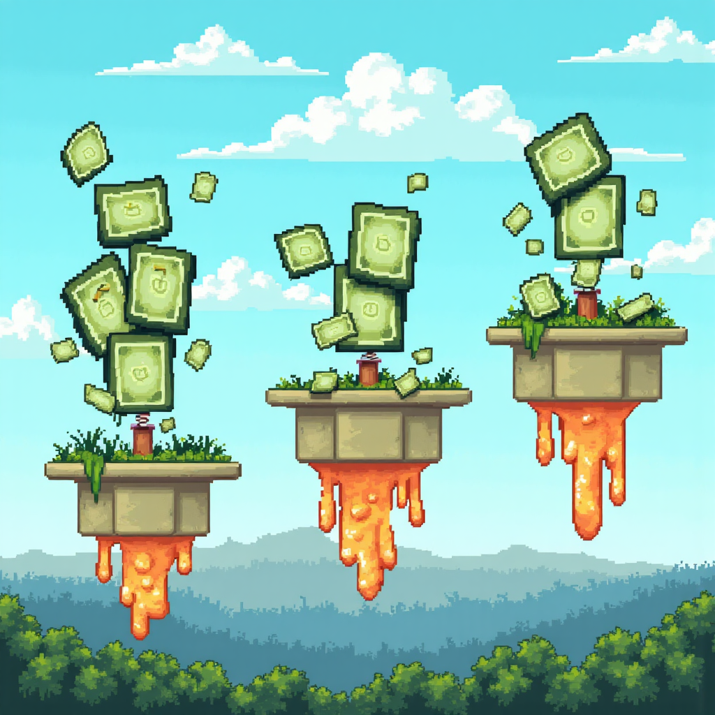 營運、投資與融資活動的現金流視覺化像素藝術插圖,藍天背景與活力明亮色調