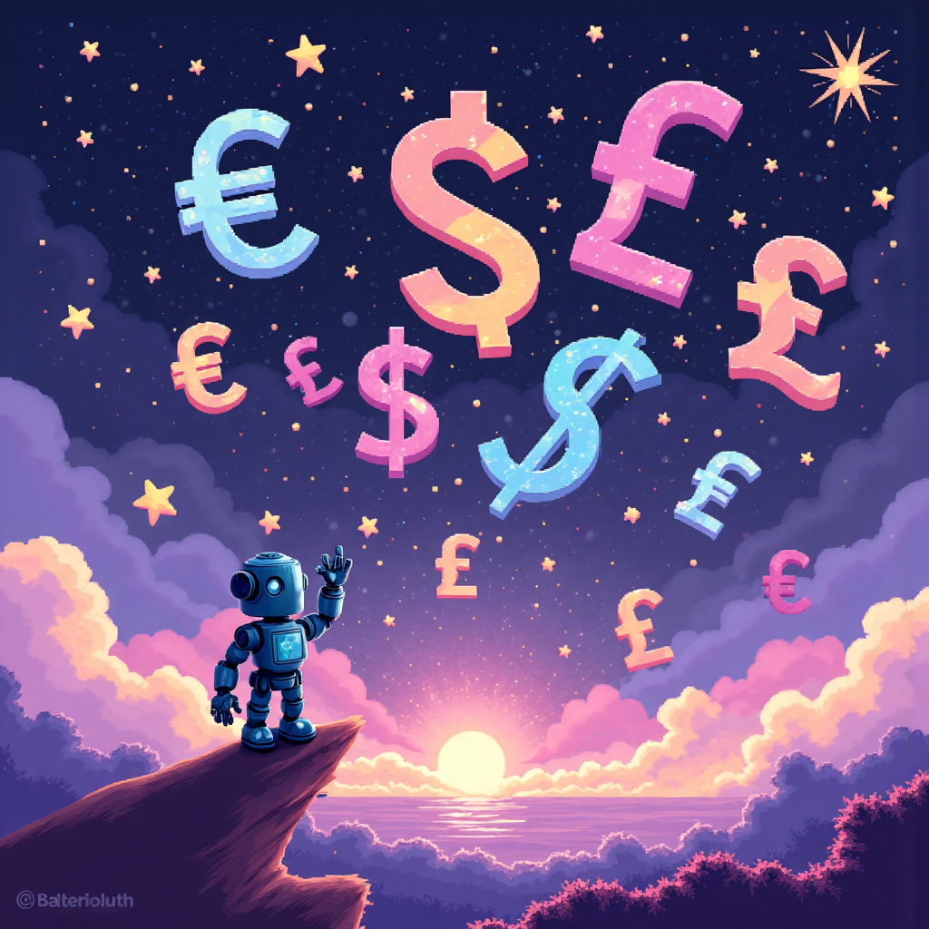 像素藝術風格的外匯市場新手指南插圖,展示多種貨幣符號在宇宙星雲中漂浮,一位友好機器人引導好奇的初學投資者探索星空般的市場,採用柔和粉彩色調和溫暖光線