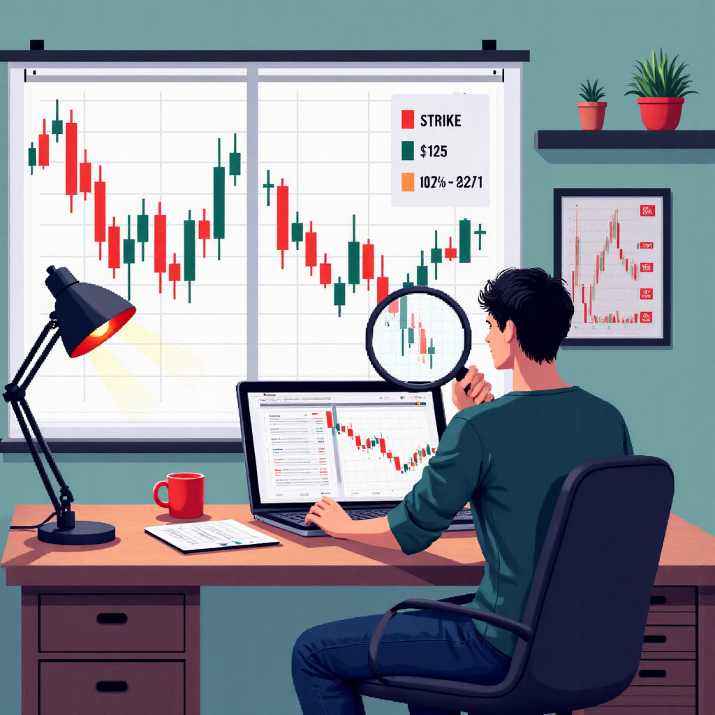 人在寧靜工作空間中用放大鏡檢視財務圖表，強調履約價與到期日等關鍵數據