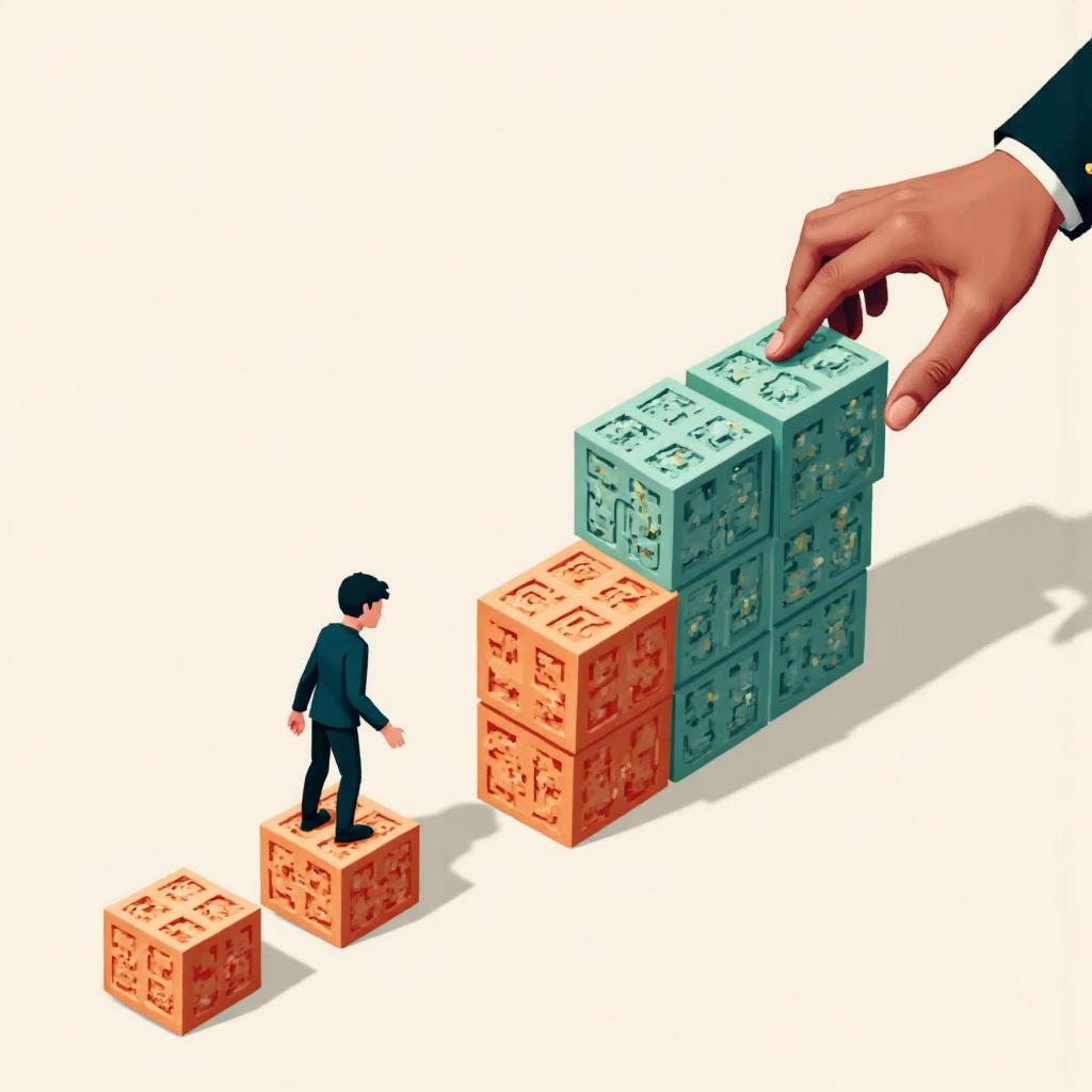 俯視手小心堆疊建築積木，象徵財務穩定面臨槓桿風險威脅的像素藝術風格插圖
