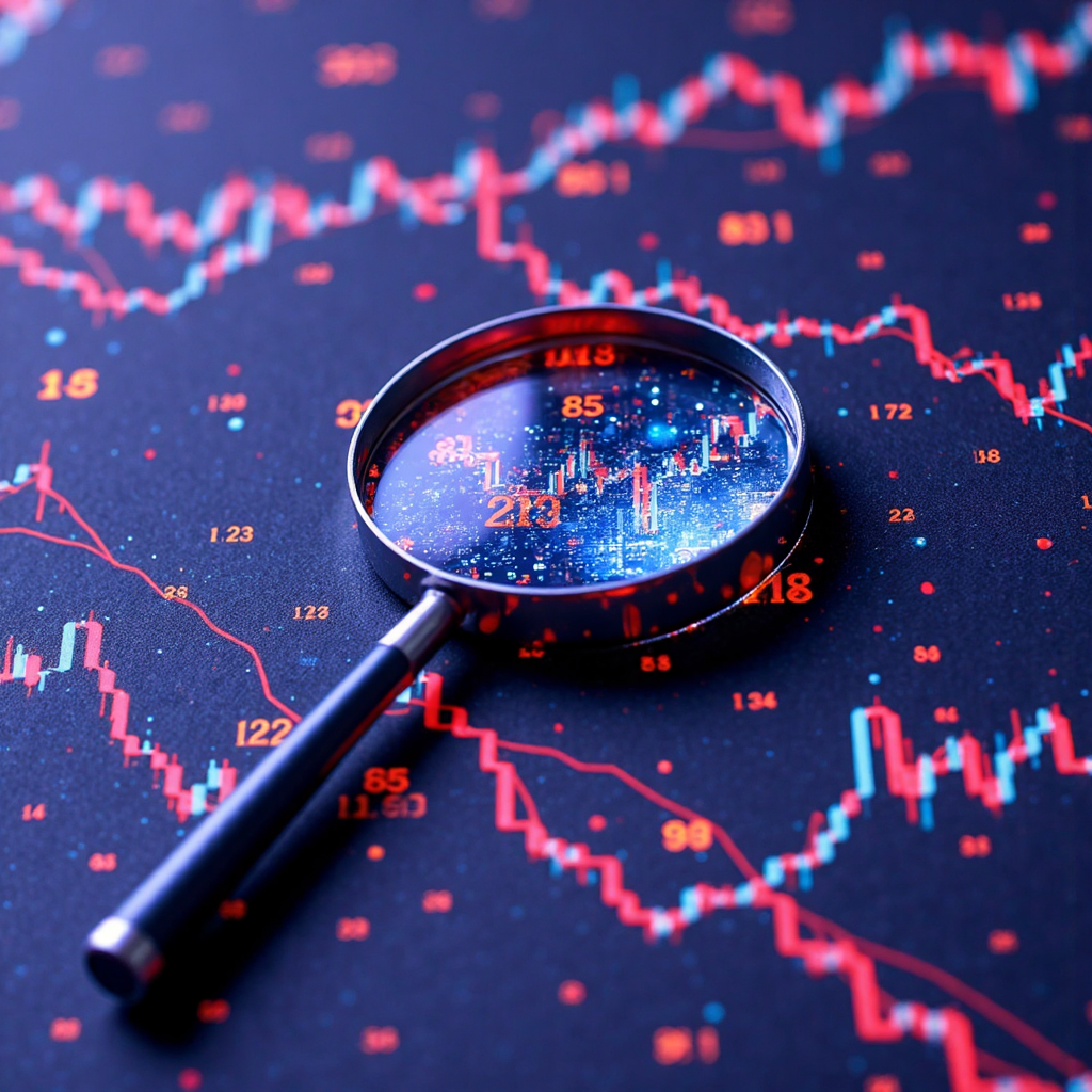 像素藝術風格的股市圖表放大鏡插圖,展示趨勢主題與數據流