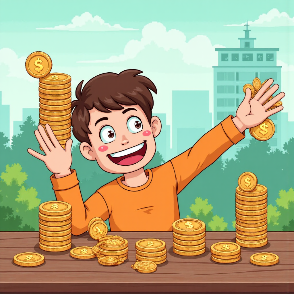 人物歡快堆疊不同貨幣硬幣,遠處隱現銀行建築剪影的活潑卡通場景