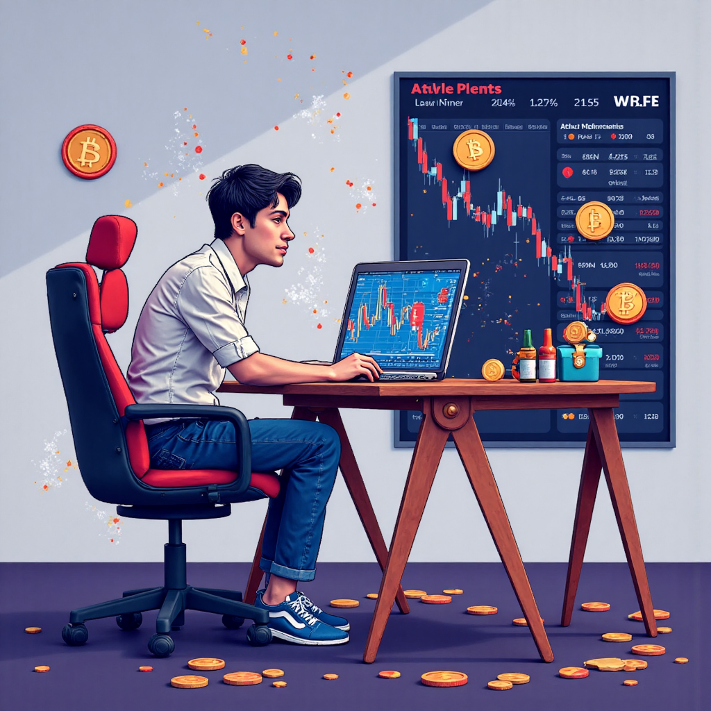 像素藝術風格的加密貨幣交易者平靜觀察複雜圖表,周圍有保護盾牌環繞,抽象市場波動環伺