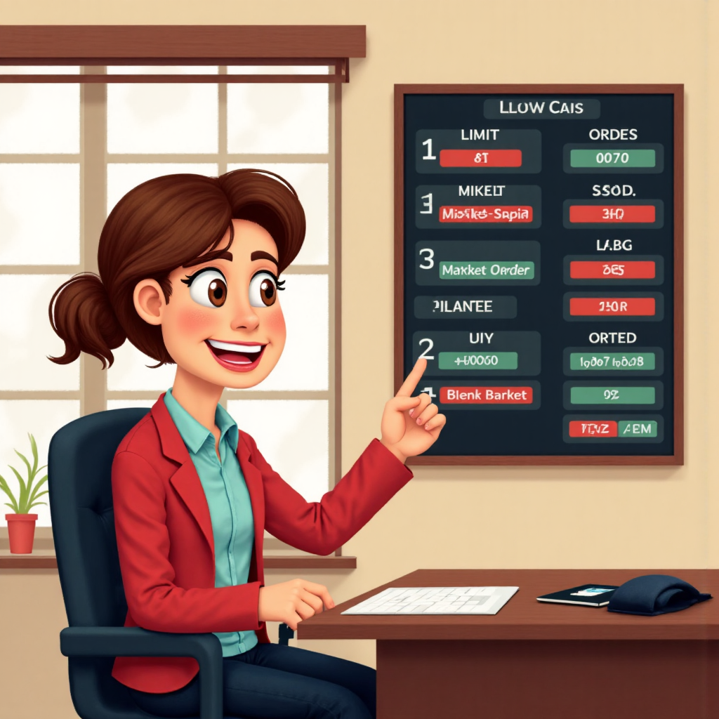 金融顧問指向顯示限價單和市價單等訂單類型的數位交易介面的像素藝術插圖，使用溫暖色調