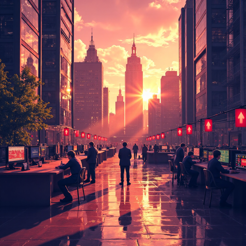 股市開盤時刻的像素藝術風格插圖，描繪交易大廳在晨光中，數位圖表與向上箭頭散發樂觀氛圍