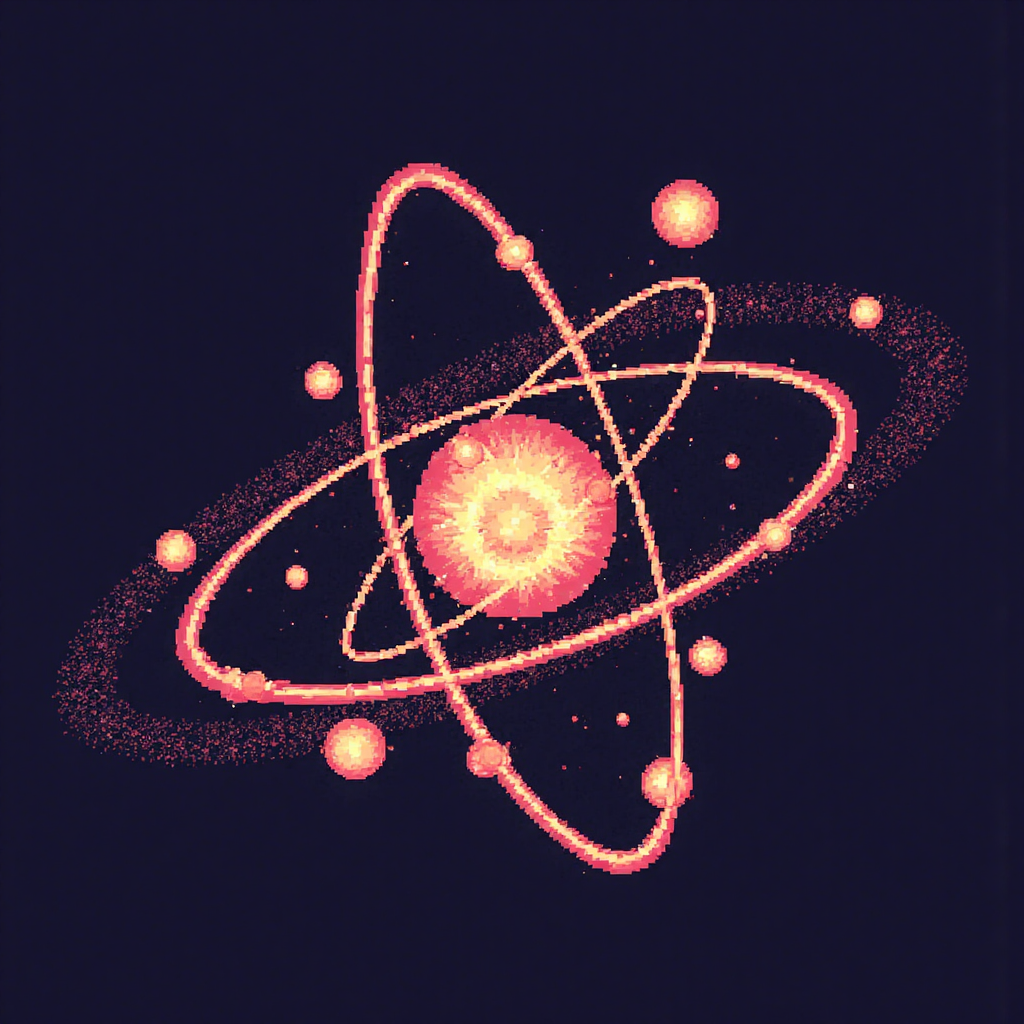 原子與軌道電子如發光球體交織波浪圖案的像素藝術插圖,帶有細微發光效果