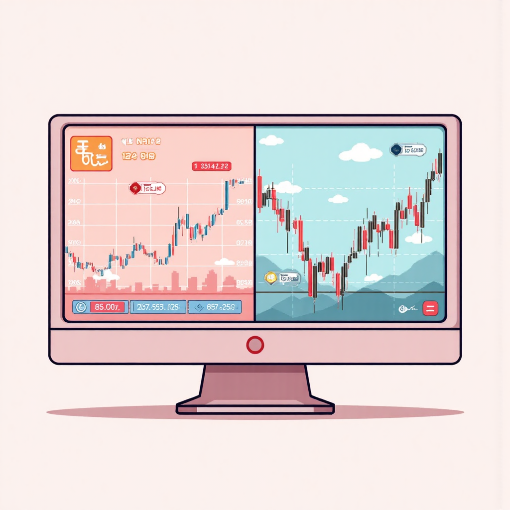 日經平均指數與韓國 Kospi 指數分屏比較圖，融入國家圖騰與財務數據，採用柔和粉彩調性