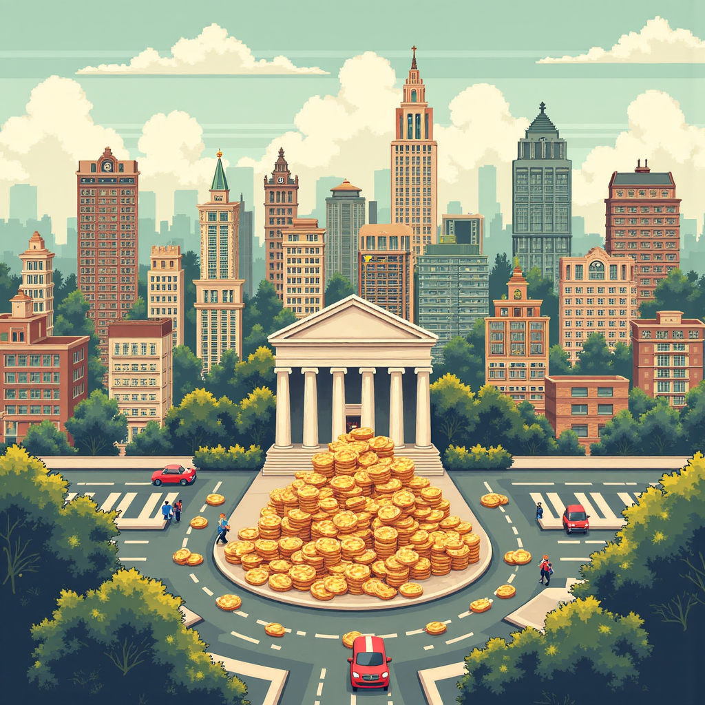 中央銀行釋放閃亮硬幣與財務圖表的像素藝術插圖，描繪城市景觀