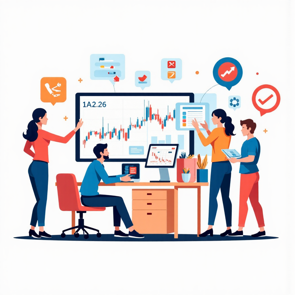 股票市場圖表與買賣訂單圖示的像素藝術插圖，呈現交易活動的現代風格