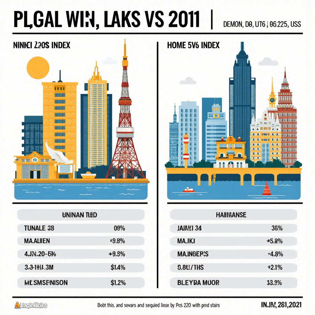 日經平均指數與台灣加權指數比較資訊圖，日本與台灣地標突出，採用淺灰黃調與藍色點綴