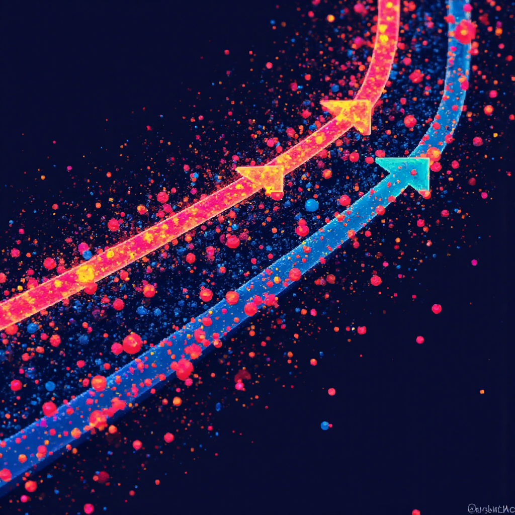 數據流和方向運動的抽象視覺化,箭頭交叉合併,使用充滿活力的顏色代表市場動能