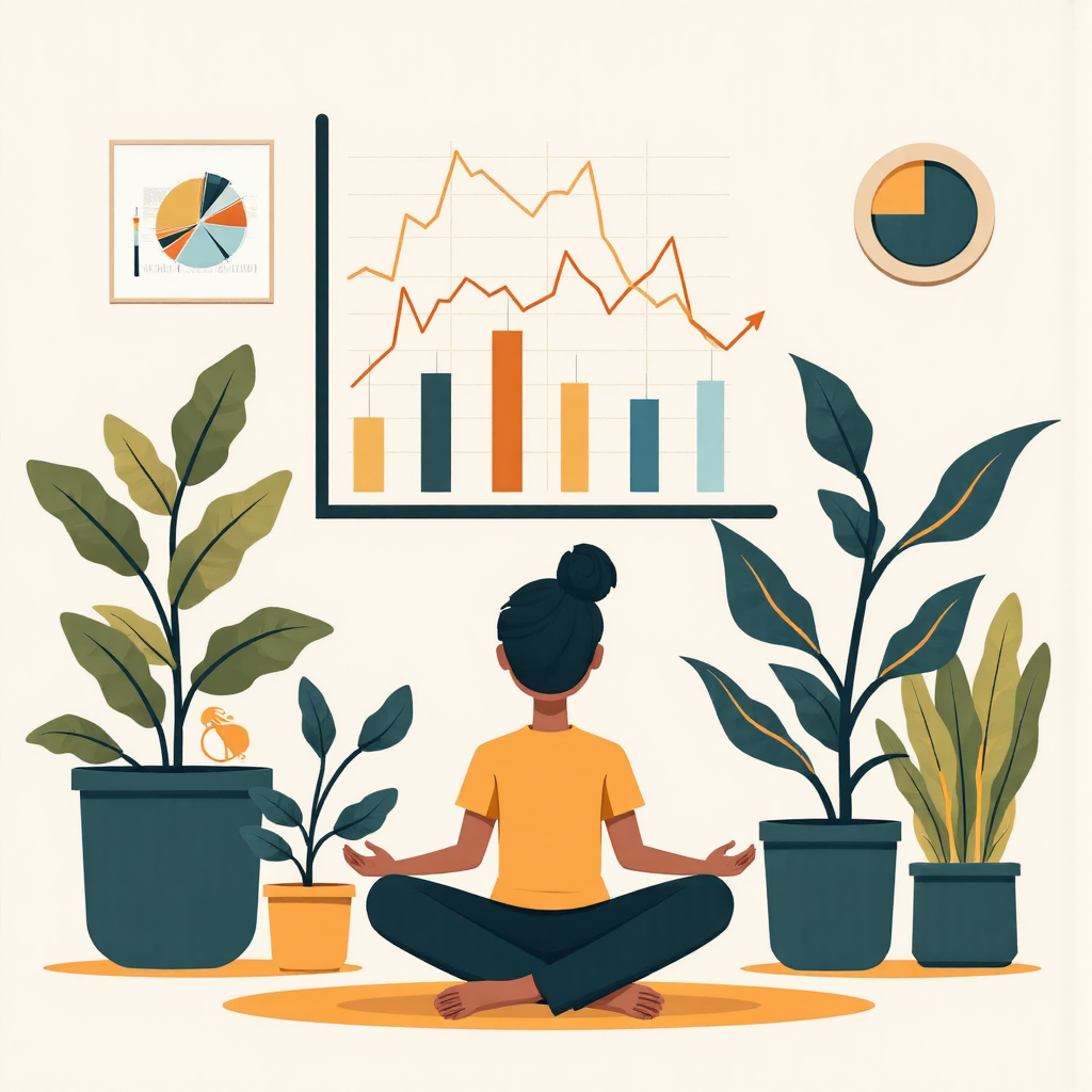 財務規劃與心態調整抽象插圖,人物在寧靜氛圍中冥想,周圍經濟圖表與成長植物