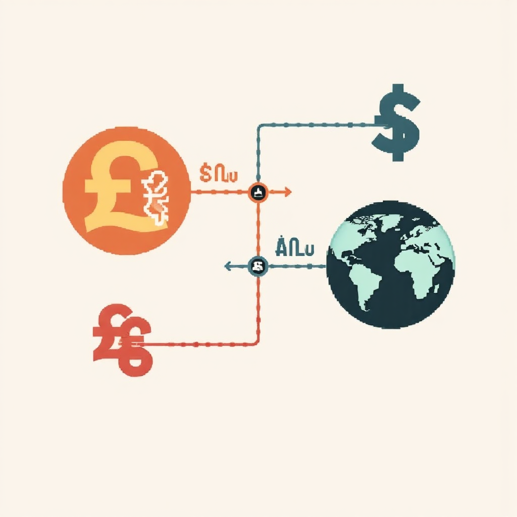 國家貨幣符號與全球貨幣互動的像素藝術，顯示匯率流動箭頭