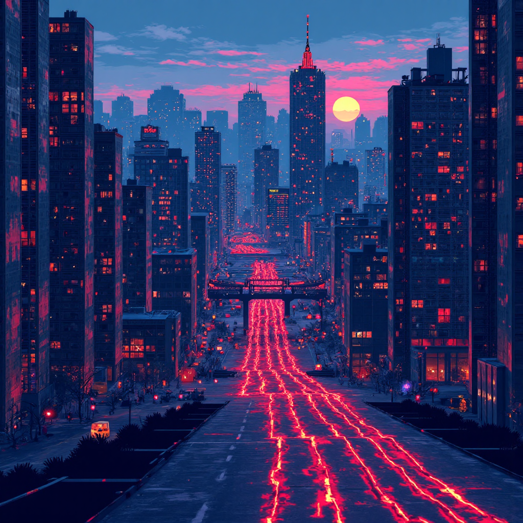 市場訂單流動的像素藝術圖像,顯示資金流動的發光線條穿越複雜網絡,背景隱約浮現風格化城市景觀,使用鮮豔冷色調