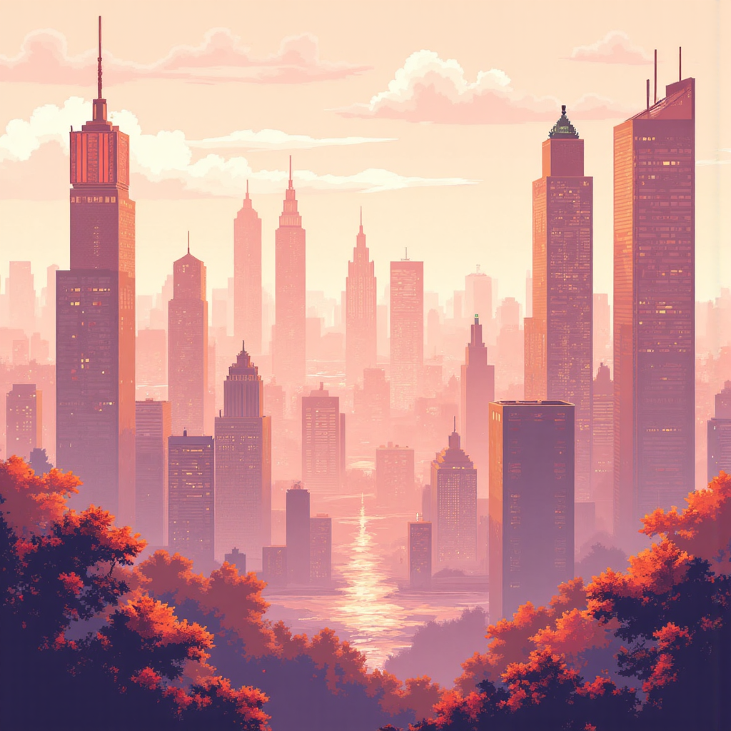 金融交易市場抽象圖像,展示波動價格圖表與點差擴大效果,使用溫暖粉彩色調的現代像素藝術風格