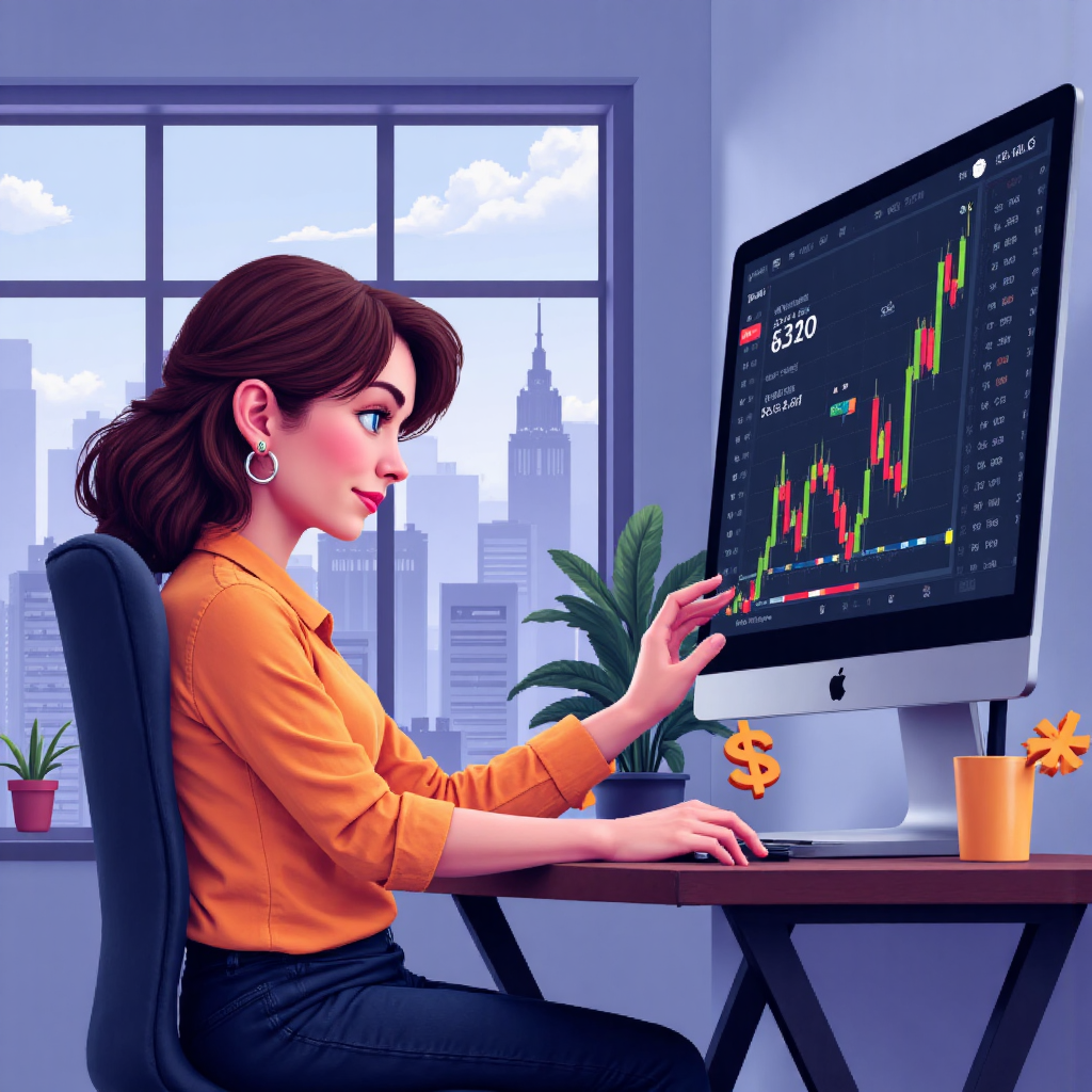 在市場時間內使用平板成功執行股票交易的像素藝術插圖，包含上升箭頭和正面股票符號的活潑氛圍